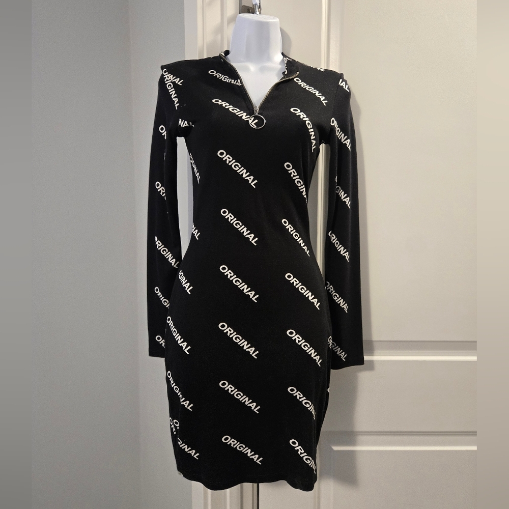 H&M DIVIDED Black Long-Sleeve "Original" Logo Zip-Front Dress Size 2